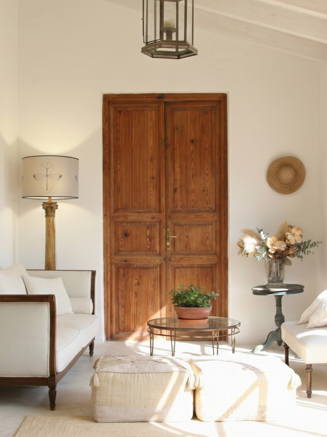 Lampara de sobremesa formada por pantalla artesanal  pintada a mano sobre base de papel natural 100% algodón. Diseño: papel pintado a mano GHOST.